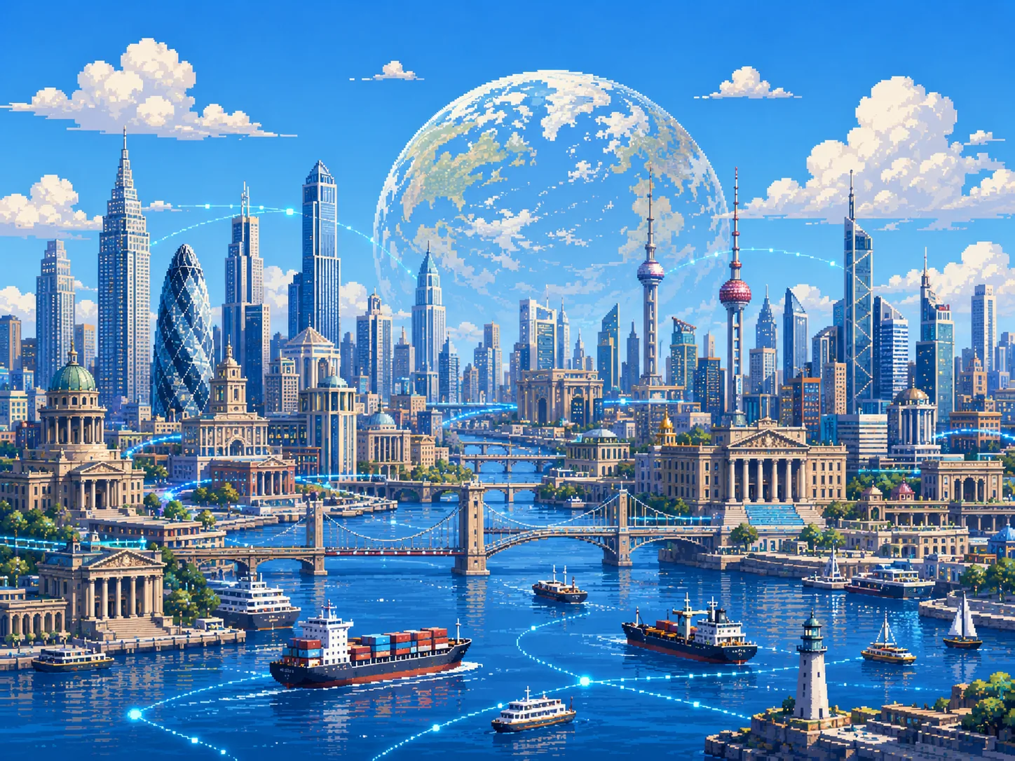 Pixel-art illustration of a global financial city on a river, with the Earth rising behind the skyline.