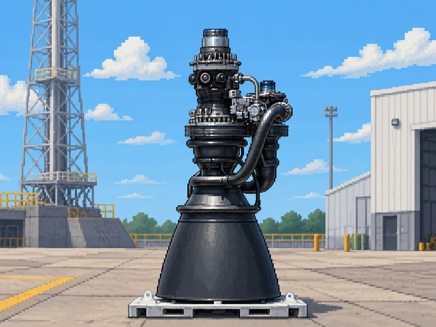Pixel-art illustration of heavy industrial machinery on a launch pad under a bright sky.